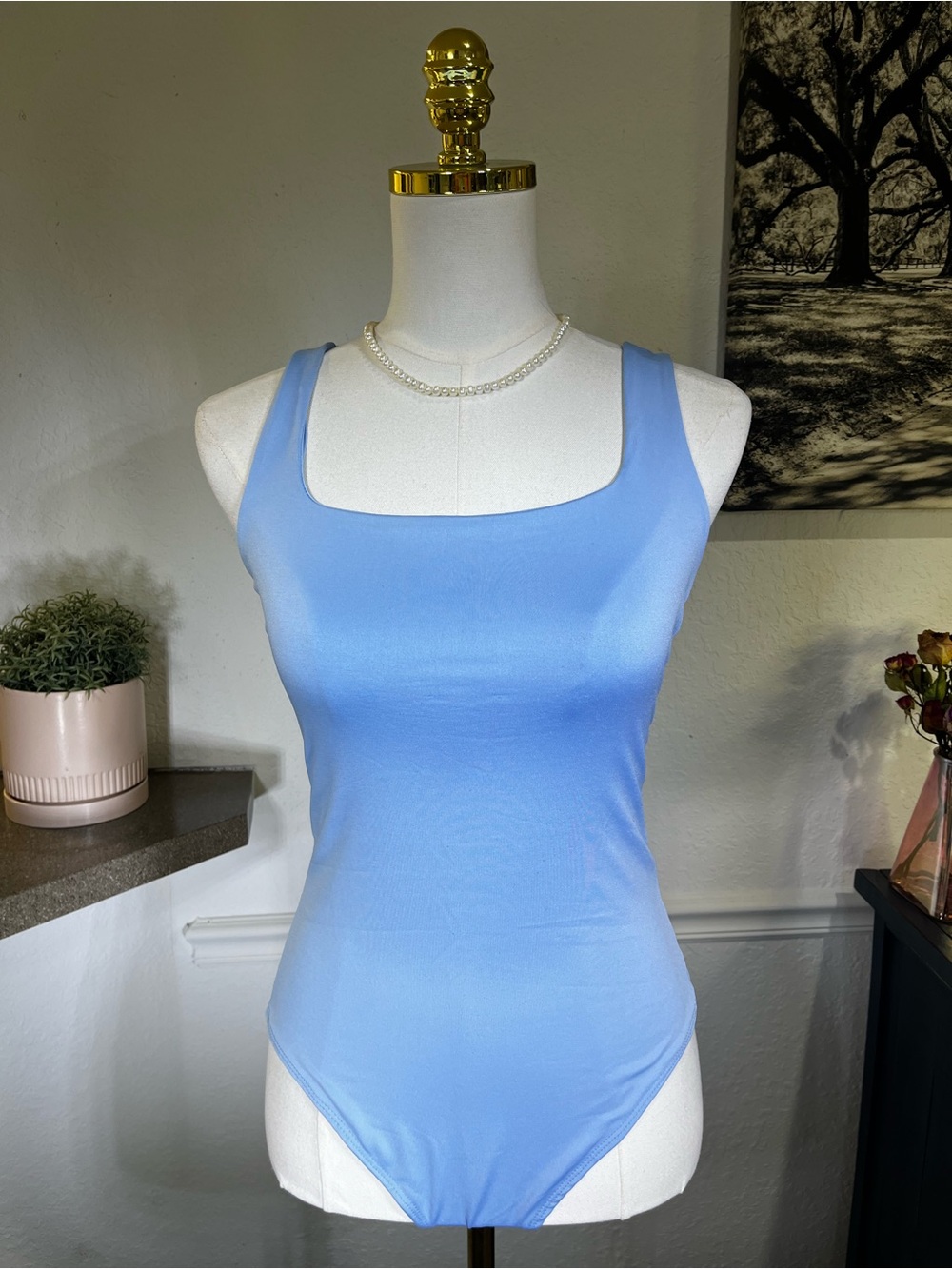 Square Neck Light Blue Tank Bodysuit medium